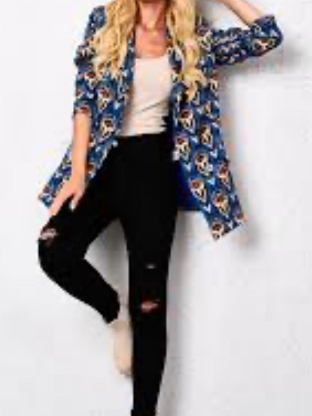Kali Blue Printed Open-Front Longline Blazer